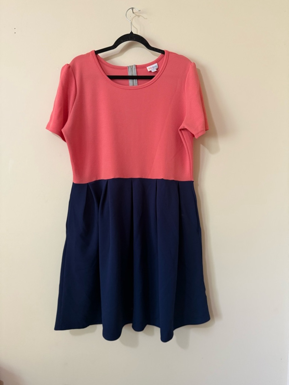 LuLaRoe Coral and Navy Colorblock Short Sleeve Dress